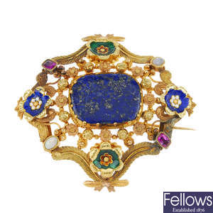 An early 19th century gold enamel and gem-set brooch.