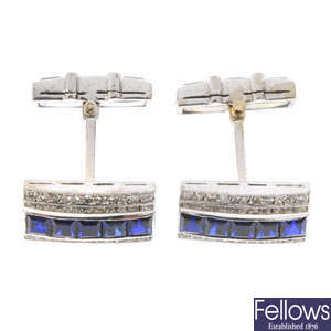 A pair of synthetic sapphire and diamond cufflinks.