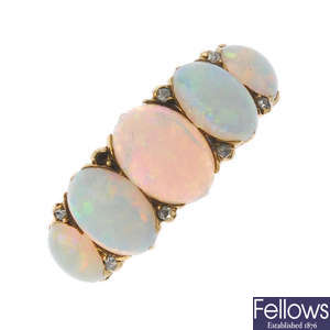 An early 20th century gold opal five-stone ring.