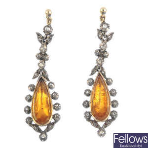A pair of mid Victorian silver and gold citrine and diamond earrings, circa 1860.
