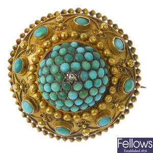 A set of mid Victorian gold turquoise and diamond jewellery, circa 1870.