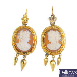 A pair of late 19th century gold, shell cameo earrings.