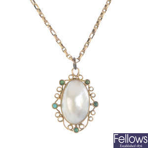 An early 20th century gold, blister pearl and turquoise pendant, with chain.