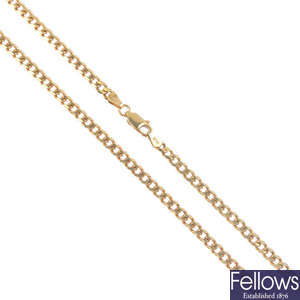 A 9ct gold band and a curb-link necklace.