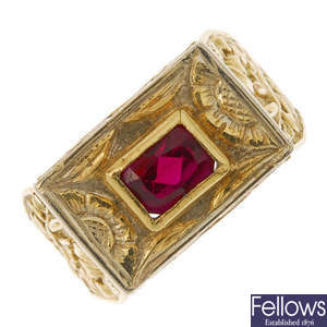 A gentleman's synthetic ruby single-stone ring.