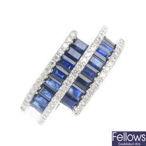 A sapphire and diamond crossover ring.
