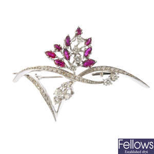 A mid 20th century 18ct gold ruby and diamond brooch.