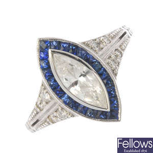 A diamond and sapphire cluster ring.