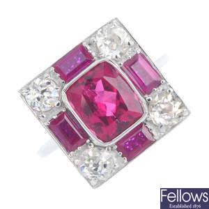 A tourmaline, ruby and diamond dress ring.