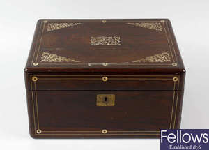 A Victorian rosewood box and a mahogany sarcophagus tea caddy 