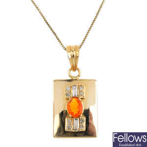 A fire opal and diamond pendant, with chain.