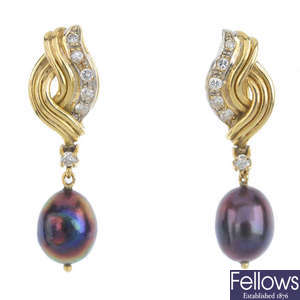 A pair of dyed cultured pearl and diamond earrings.