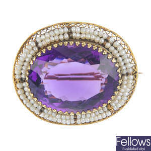 A late Victorian 14ct gold amethyst and seed pearl brooch, circa 1880.