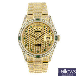 ROLEX - a gentleman's diamond set 18ct yellow gold Oyster Perpetual Day-Date bracelet watch.