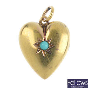 A late 19th century 15ct gold turquoise heart pendant.