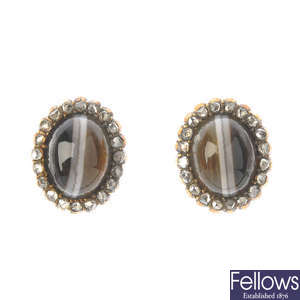 A pair of banded agate and diamond cluster ear studs.