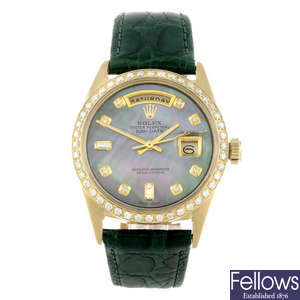 ROLEX - a gentleman's yellow metal Oyster Perpetual Day-Date wrist watch.