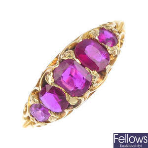 An early 20th century gold ruby five stone ring.