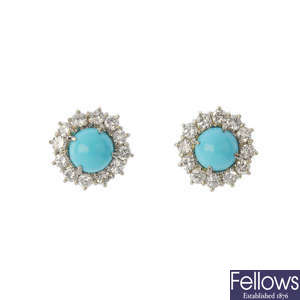 A pair of reconstituted turquoise and diamond cluster ear studs.