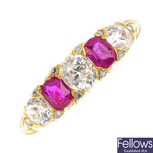 A late Victorian gold ruby and diamond five-stone ring, circa 1900.