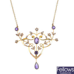 An Edwardian 9ct gold amethyst and seed pearl necklace.