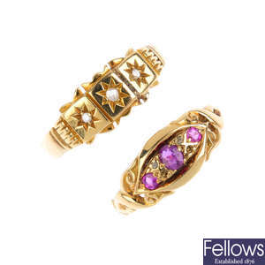 Two early 20th century 18ct gold gem-set and diamond rings.