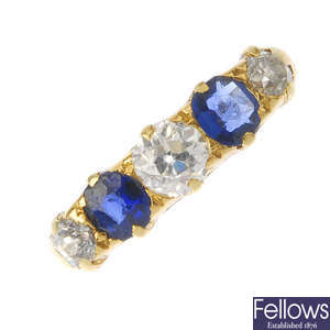 BOODLE & DUNTHORNE - a sapphire and diamond five-stone ring.
