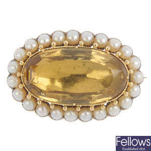 A late Victorian gold, citrine and split pearl cluster brooch.