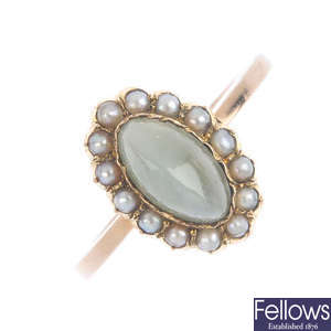 A cat's-eye chrysoberyl and split pearl cluster ring.