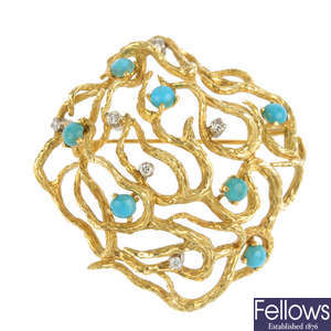 An 18ct gold diamond and turquoise brooch.