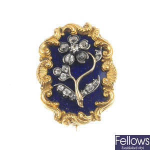 A mid Victorian gold, diamond and enamel brooch, circa 1880.