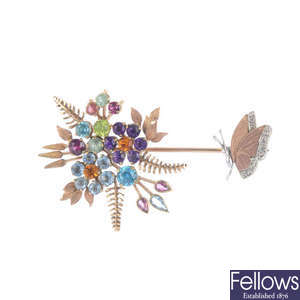 A mid 20th century diamond and multi-gem floral jabot pin.