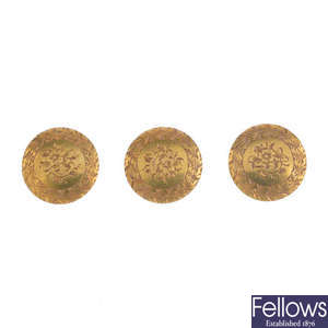 Two sets of three late Victorian gold dress studs.