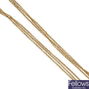 An early 20th century gold three-row necklace.
