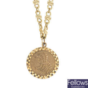 A 1950s 9ct gold pendant, with chain.
