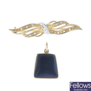 A 9ct gold diamond brooch and a gem-set pendant.