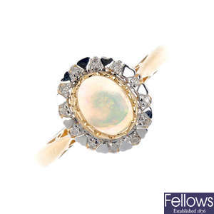 An opal and diamond cluster ring.