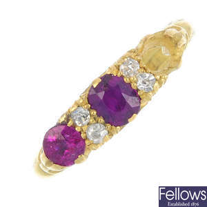 An early 20th century 18ct gold gem-set ring, AF.