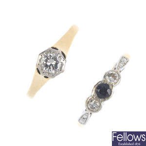 Two mid 20th century 18ct gold diamond and sapphire rings.