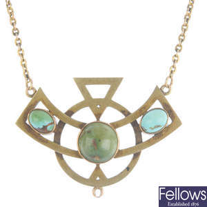 An early 20th century 10ct gold turquoise pendant, on chain.