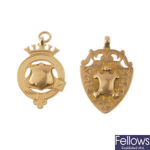 Two early and mid 20th century 9ct gold medallion fobs.