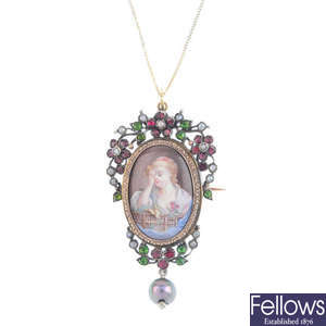 An early 20th century split pearl, cultured pearl and gem-set portrait pendant, with chain.