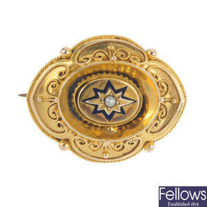 A late Victorian gold, enamel and seed pearl brooch, circa 1880.