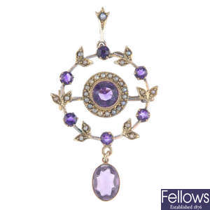 An Edwardian gold amethyst and split pearl pendant.