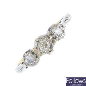 An early 20th century 18ct gold and platinum diamond three-stone ring.
