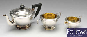 A 1920's silver three piece bachelor tea set.