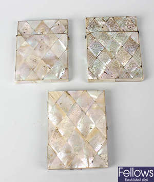 Three engraved mother of pearl card cases. 