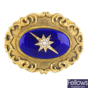 A late 19th century gold split pearl and enamel brooch.
