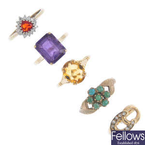 Five 9ct gold gem-set dress rings.