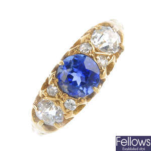A late Victorian 18ct gold sapphire and diamond ring.